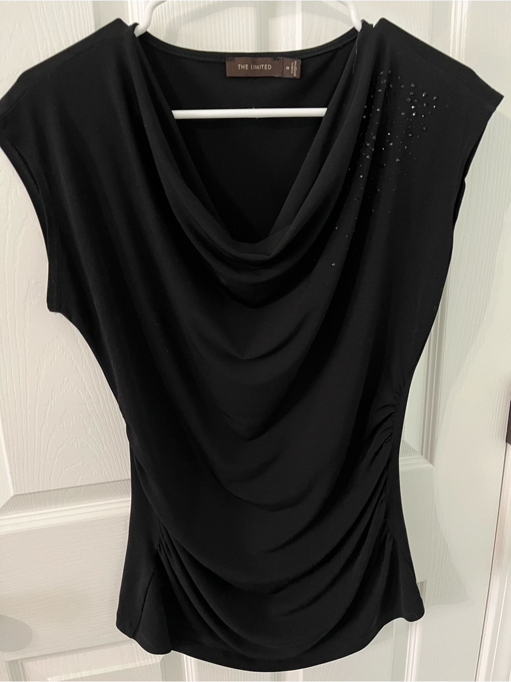 The Limited Black Cowl Neck Cap Sleeve Top with Shoulder Embellishments